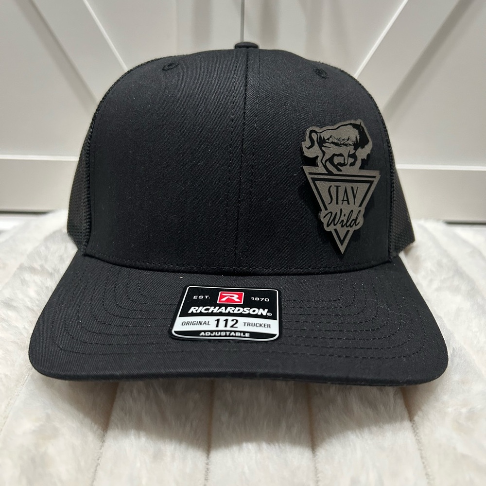 Richardson Black Trucker Hat with Stay Wild laser engraved Patch